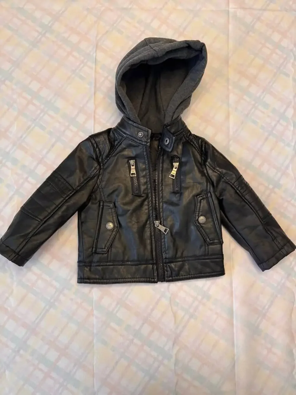 Urban Republic Black Hooded Faux Leather Jacket 12M #107